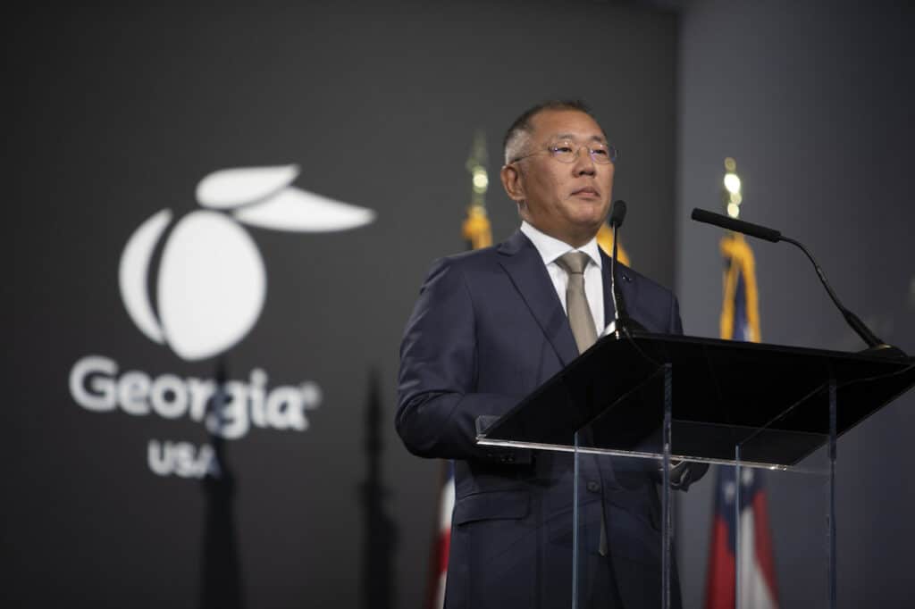 Executive Chair of Hyundai Motor Group, Euisun Chung, is photographed speaking at the Hyundai Motor Group Metaplant America Groundbreaking Ceremony in Savannah, Georgia, on October 25, 2022.