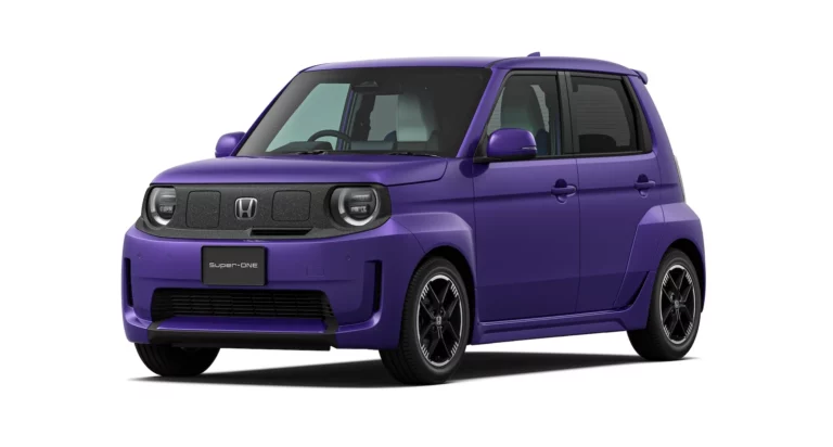 All-new Honda Super-ONE compact EV in Boost Violet Pearl shown at Japan market launch with blister fenders and wide tires.