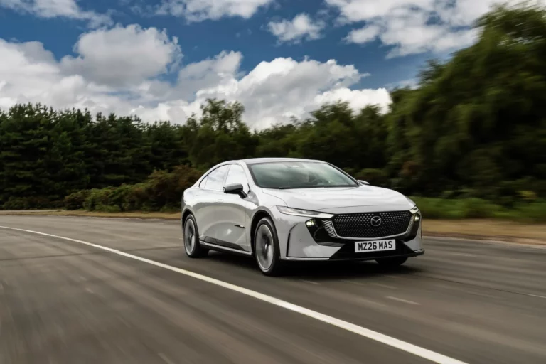 All-new Mazda6e electric saloon-hatchback in profile, the UK-specification battery electric vehicle launching this summer from £38,995