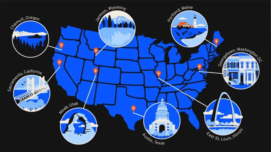 Map of GM public charging network destinations across the United States for EV road trips
