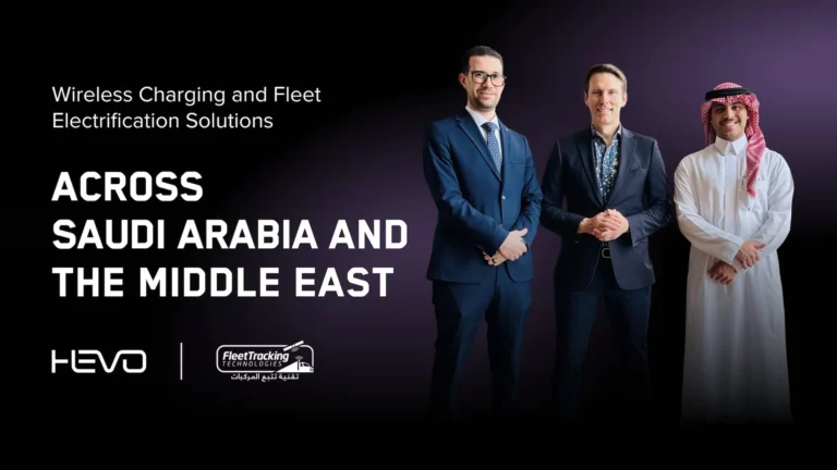 HEVO and Fleet Tracking Technologies executives announce Saudi Arabia wireless EV charging partnership graphic.
