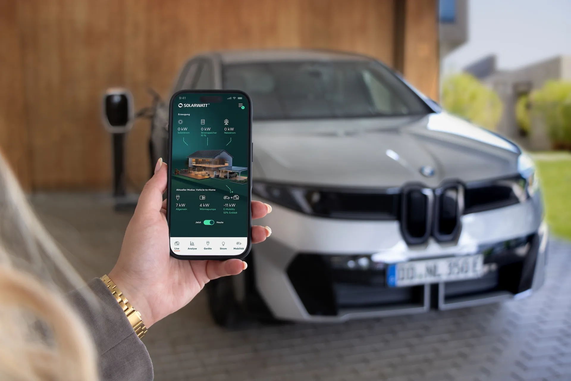 BMW iX3 connected to a home photovoltaic system and SOLARWATT home battery storage as part of a bidirectional vehicle-to-home energy ecosystem