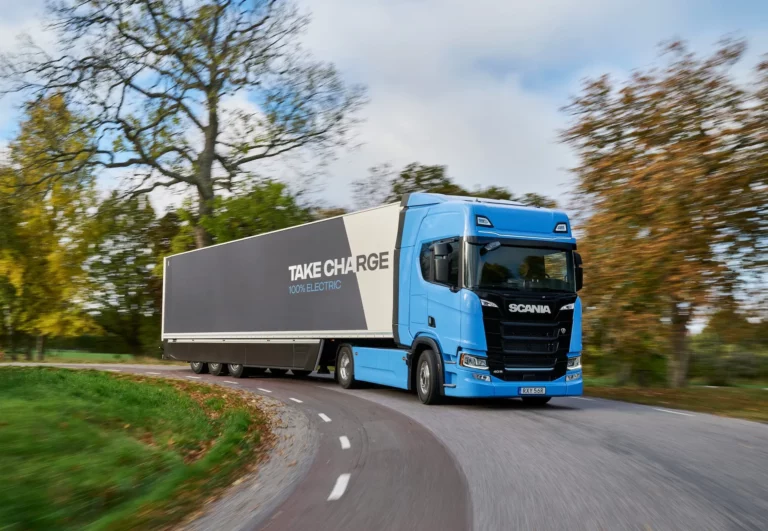Scania battery-electric truck configured with under-cab battery module for long-haulage transport