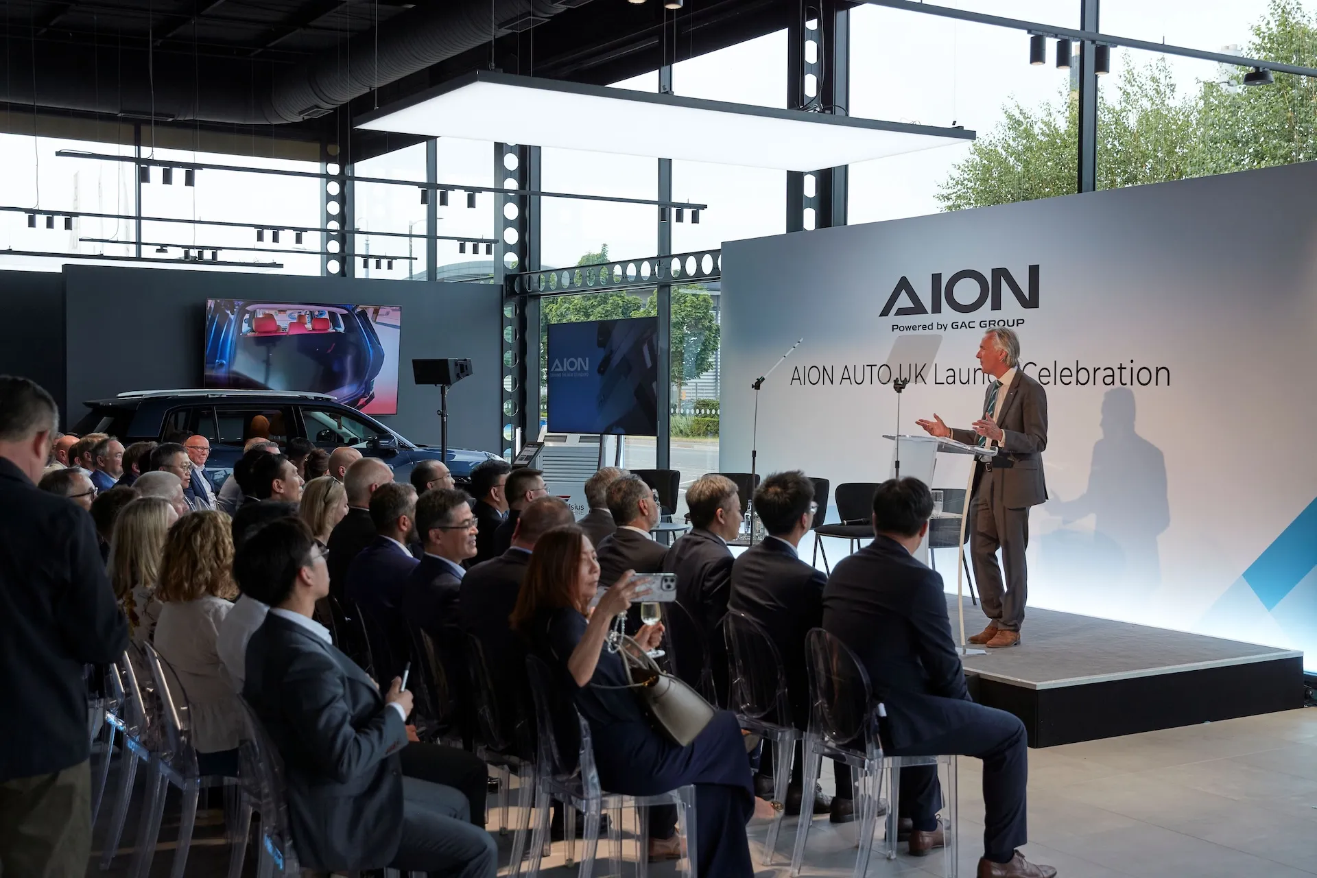 AION V all-electric family SUV at AION Auto UK's Slough headquarters launch event.