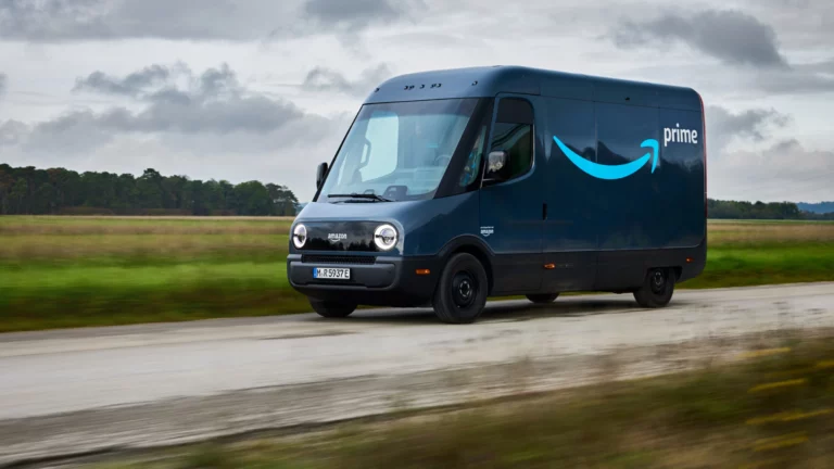 Rivian-built Amazon electric delivery van on a street in Germany