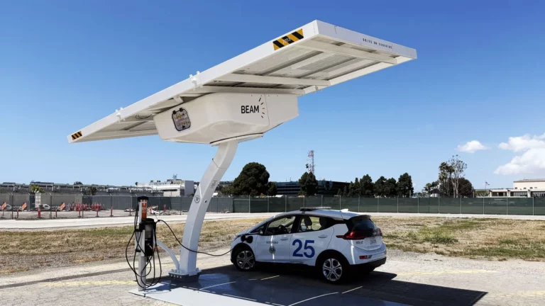 Beam Global EV ARC solar-powered charging system deployed at Long Beach Airport for municipal EV fleet charging.