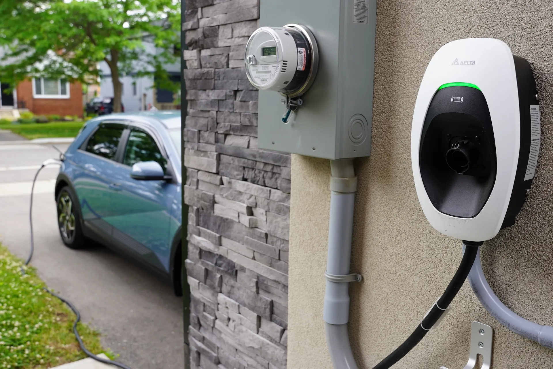 ChargeLab home EV charger connected to the ChargeLab app showing ChargeLab Rewards earnings