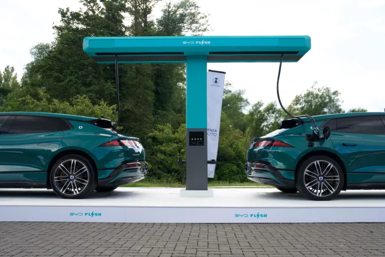 A DENZA Z9 GT connected to a BYD FLASH Charging unit during the technology's first UK demonstration at BYD's Uxbridge headquarters