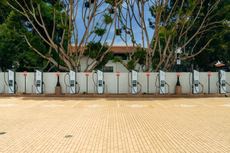 Electrify America Hyper-Fast EV charging station in downtown Santa Barbara, California, with 350 kW chargers and battery energy storage.