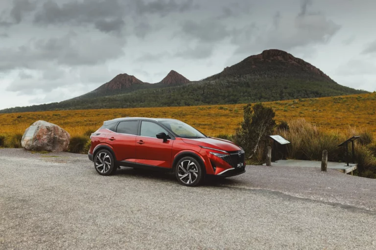 Nissan Qashqai e-POWER on a Tasmanian coastal road during its single-tank lap