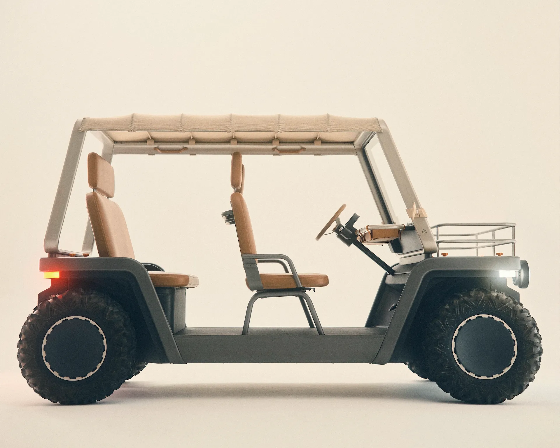 Amble One street-legal electric buggy studio side profile showing open doorless design
