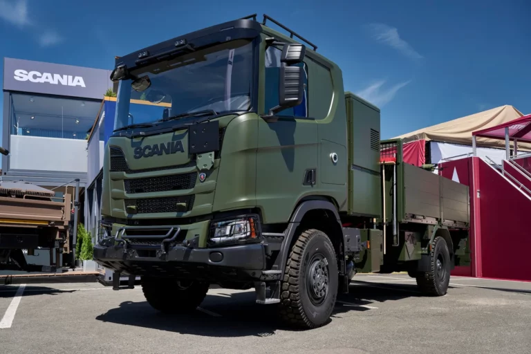 Scania hybrid truck for the Swedish military displayed at the Eurosatory 2026 defense exhibition in Paris.