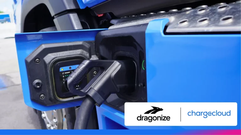 Heavy electric truck charging at a depot on the dragonize e-truck charging network powered by chargecloud OS.