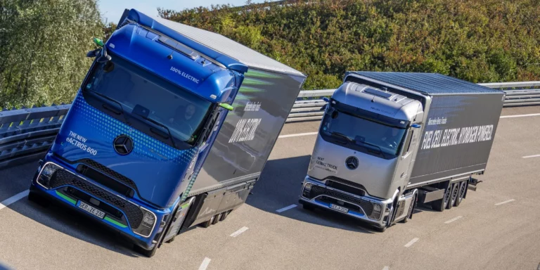 Cutaway X-ray view comparing the Mercedes-Benz eActros 600 battery-electric truck and the NextGenH2 hydrogen truck.