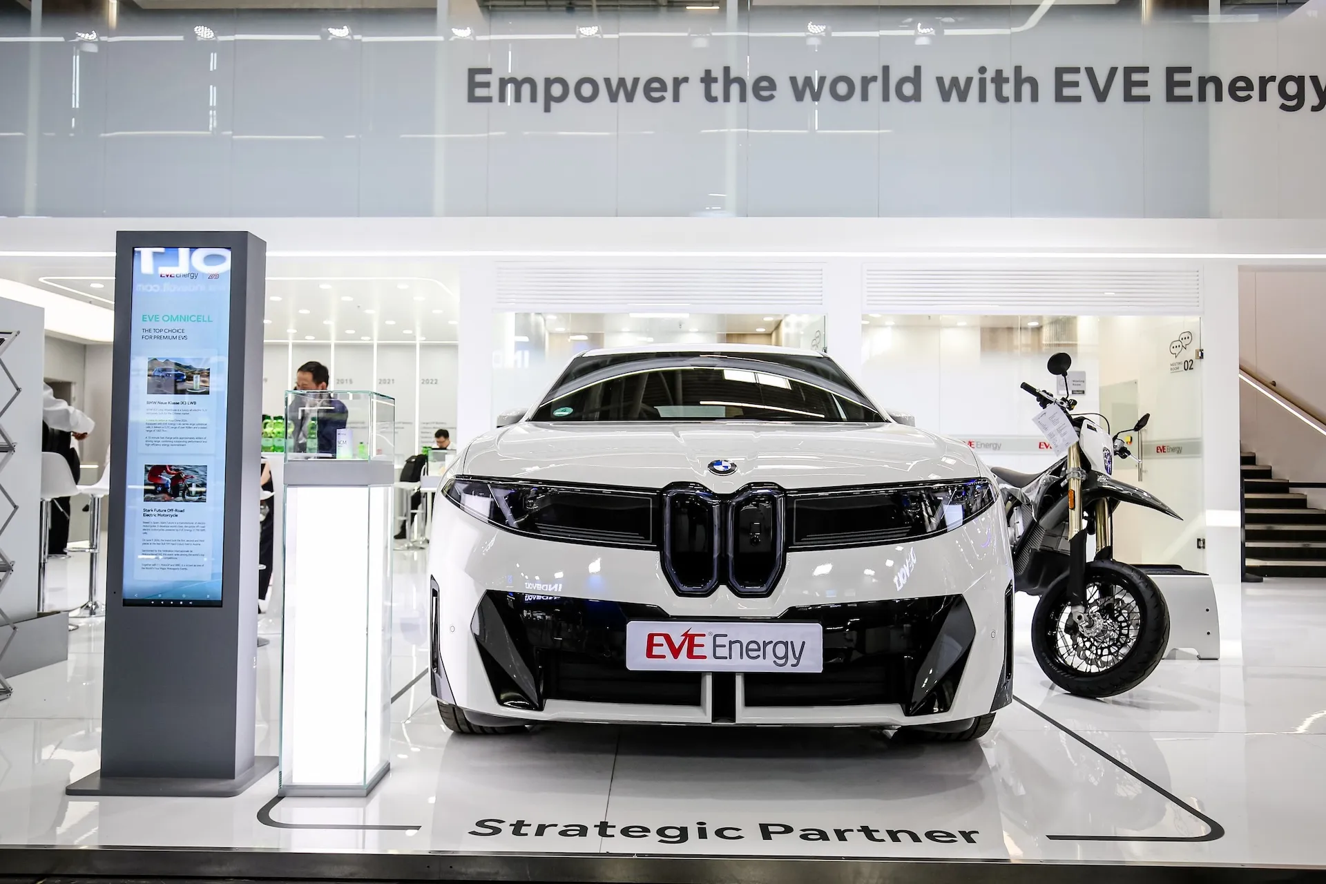 BMW iX3 displayed at EVE Energy's Smarter E Europe 2026 booth, showcasing 46-series cylindrical EV batteries