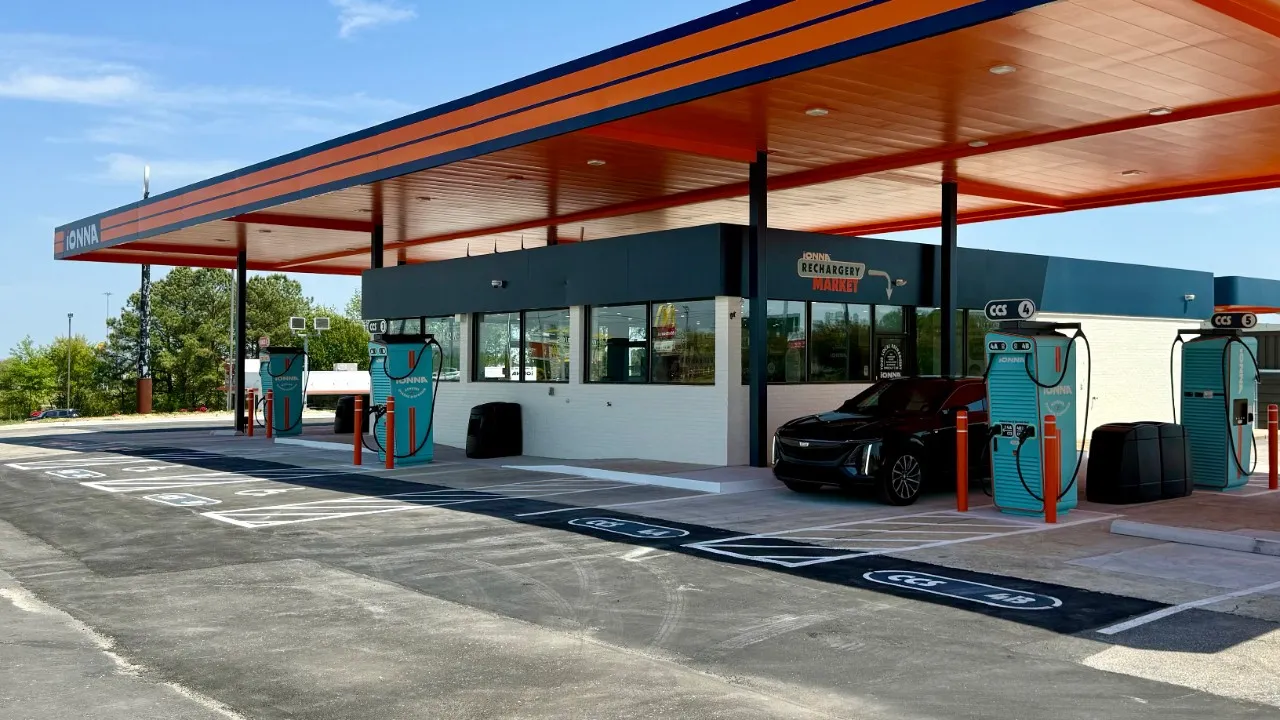 GM EV charging at an IONNA Rechargery fast-charging station