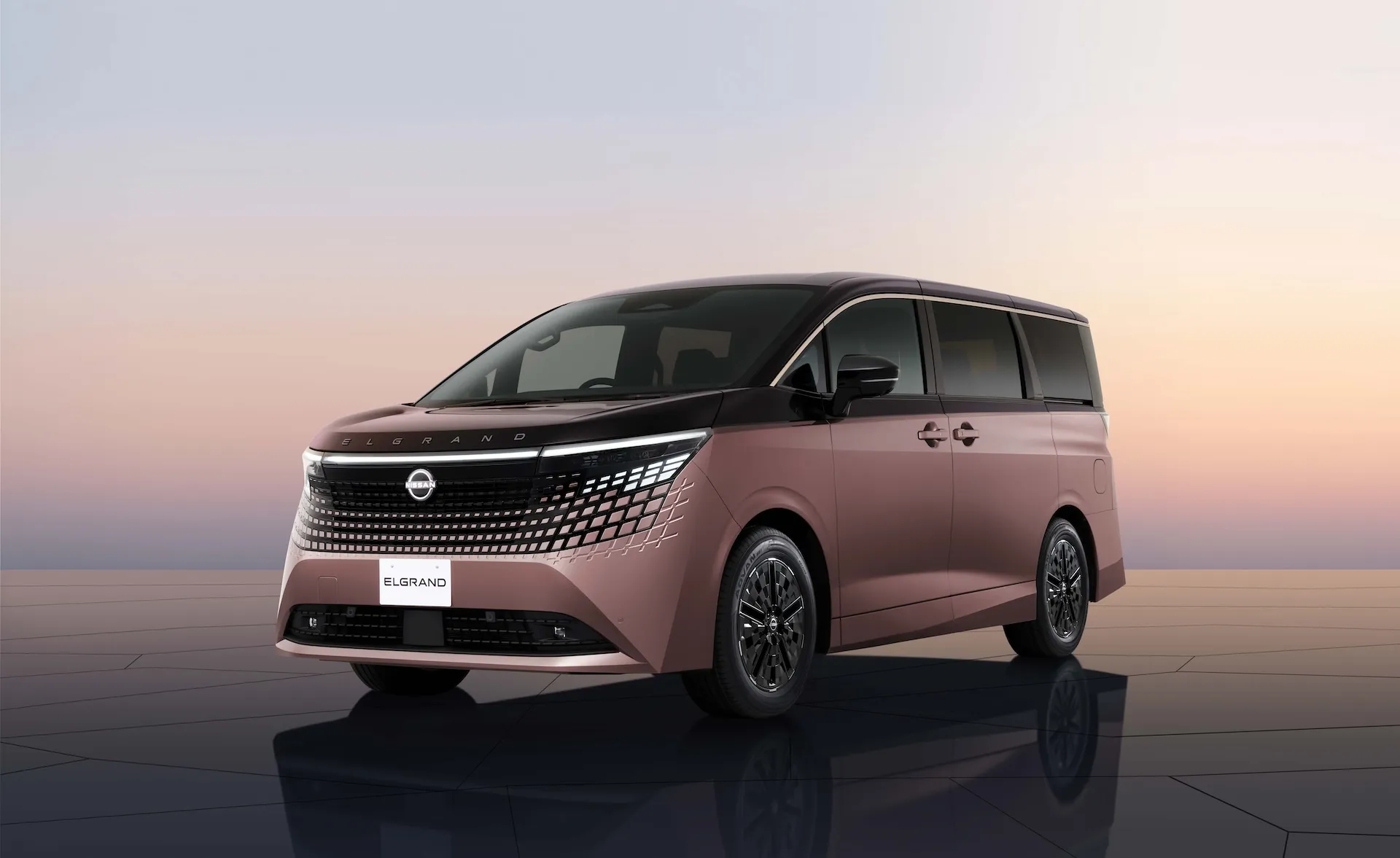 All-new Nissan Elgrand premium minivan shown from a front three-quarter studio view