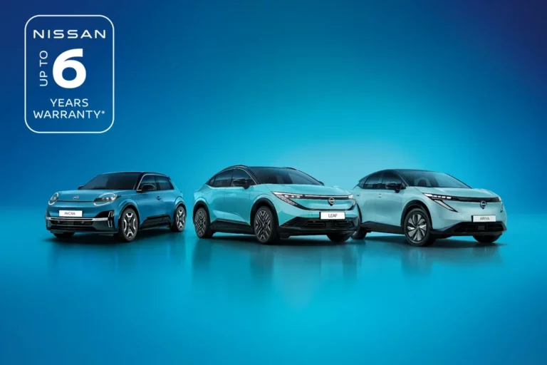 All-New Nissan Micra, All-New LEAF and 2026 Ariya displayed with a six-year Service Activated Warranty program logo