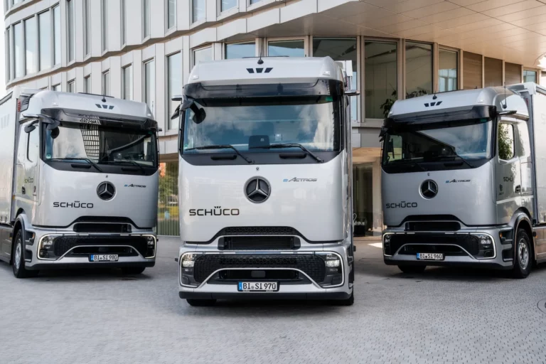 Mercedes-Benz eActros 600 electric truck handover ceremony at Schüco's Bielefeld campus