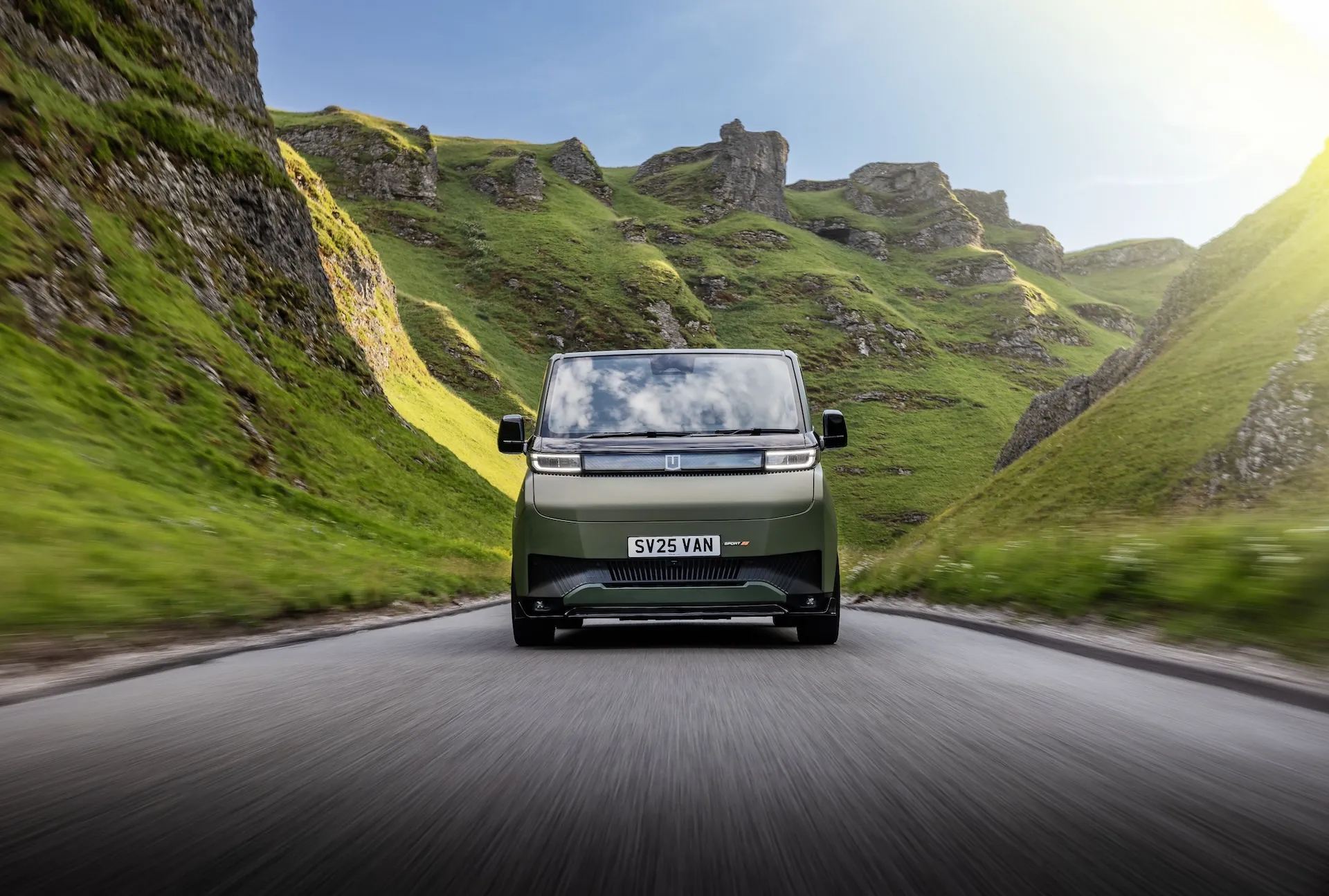 Farizon SV Sport electric van with Britain-built front splitter, side skirts and roof spoiler styling package