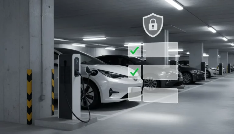 EV charging station in a parking garage with a digital shield icon, illustrating an EV charger cloud security assessment