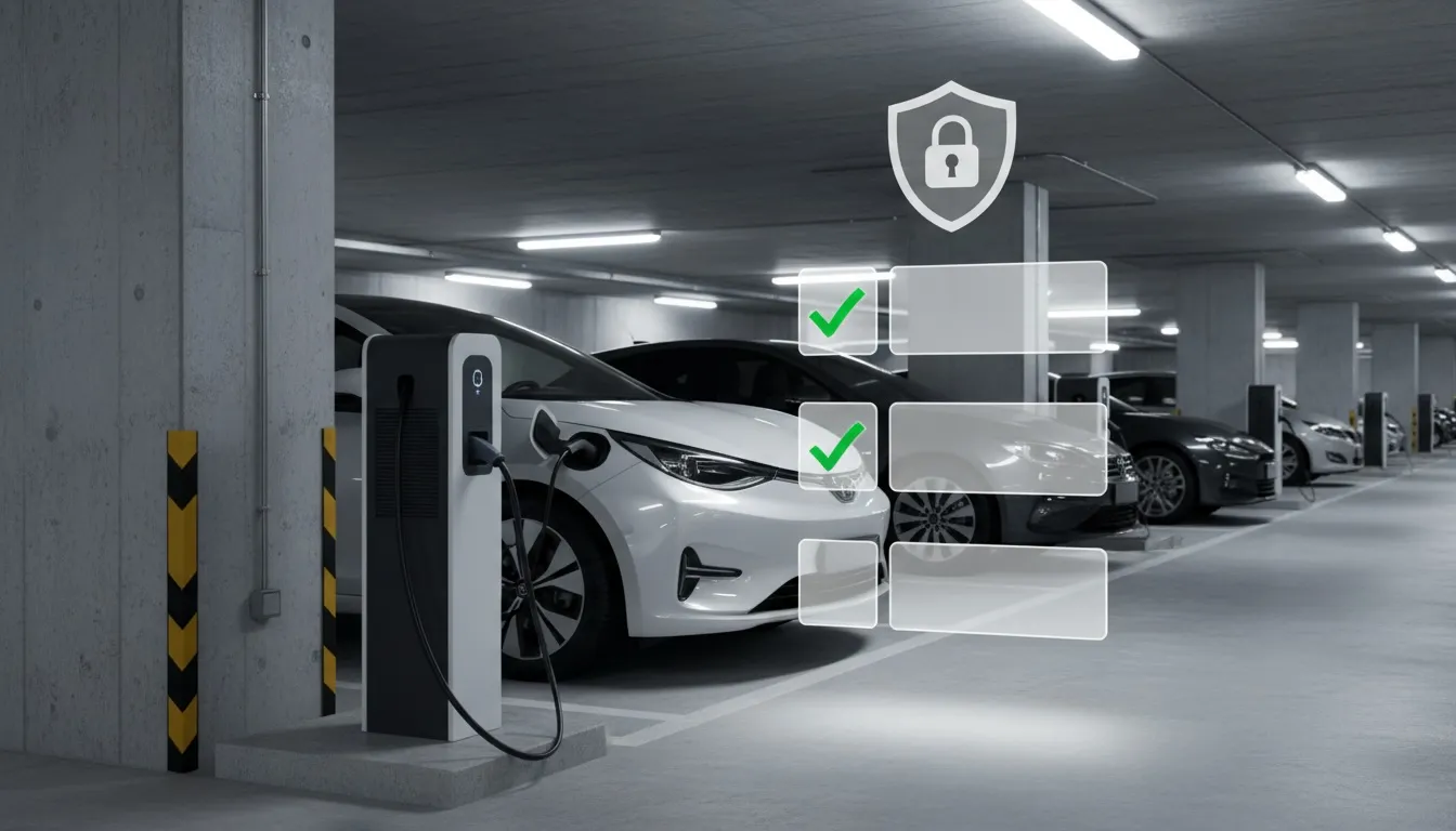 EV charging station in a parking garage with a digital shield icon, illustrating an EV charger cloud security assessment