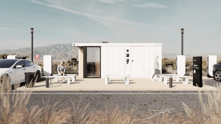 Sirius Flex modular building at an EV charging site with restroom, vending and sheltered seating