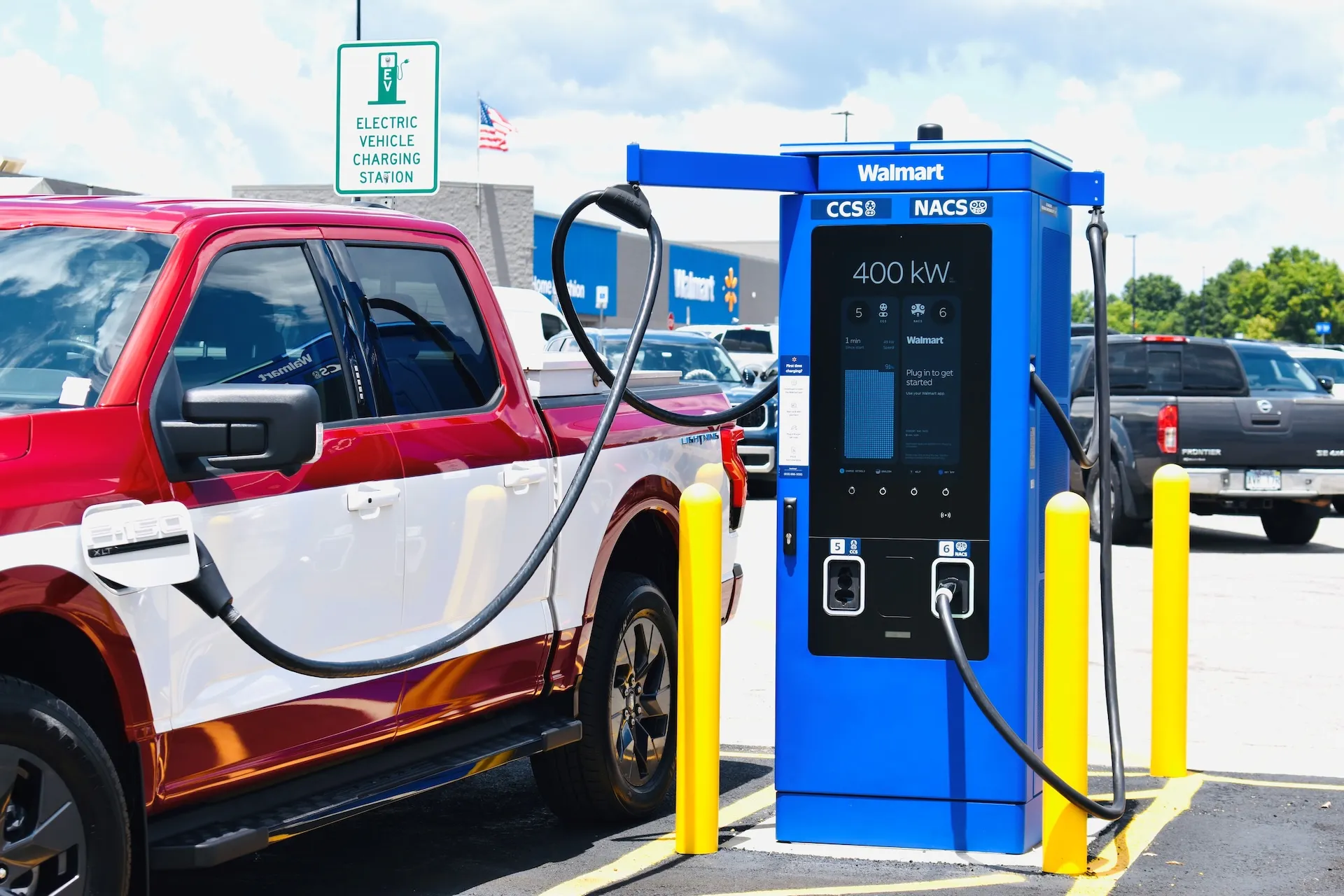 Walmart EV fast charging station with DC fast-charging stalls in a store parking lot in Bentonville, Arkansas