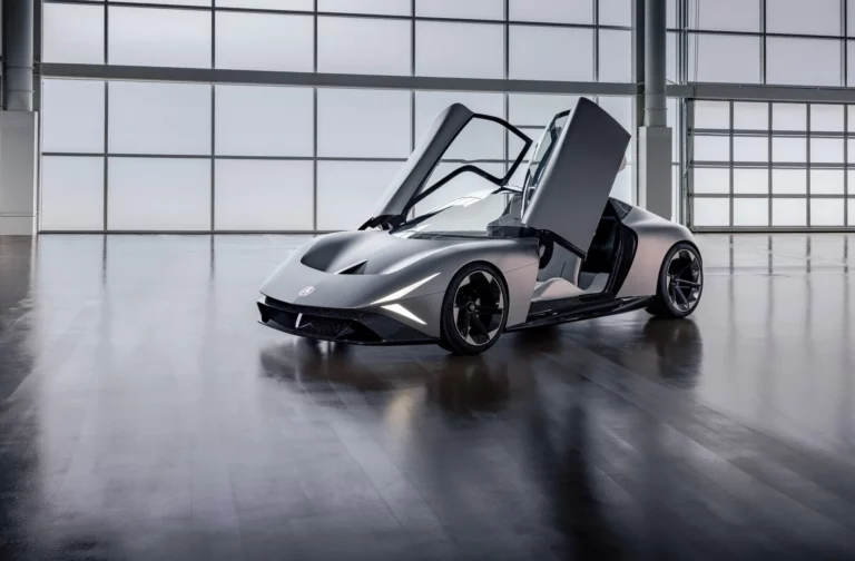 Acura NEXERA Vision concept coupe in Matte Titanium with dual-hinge butterfly doors open.