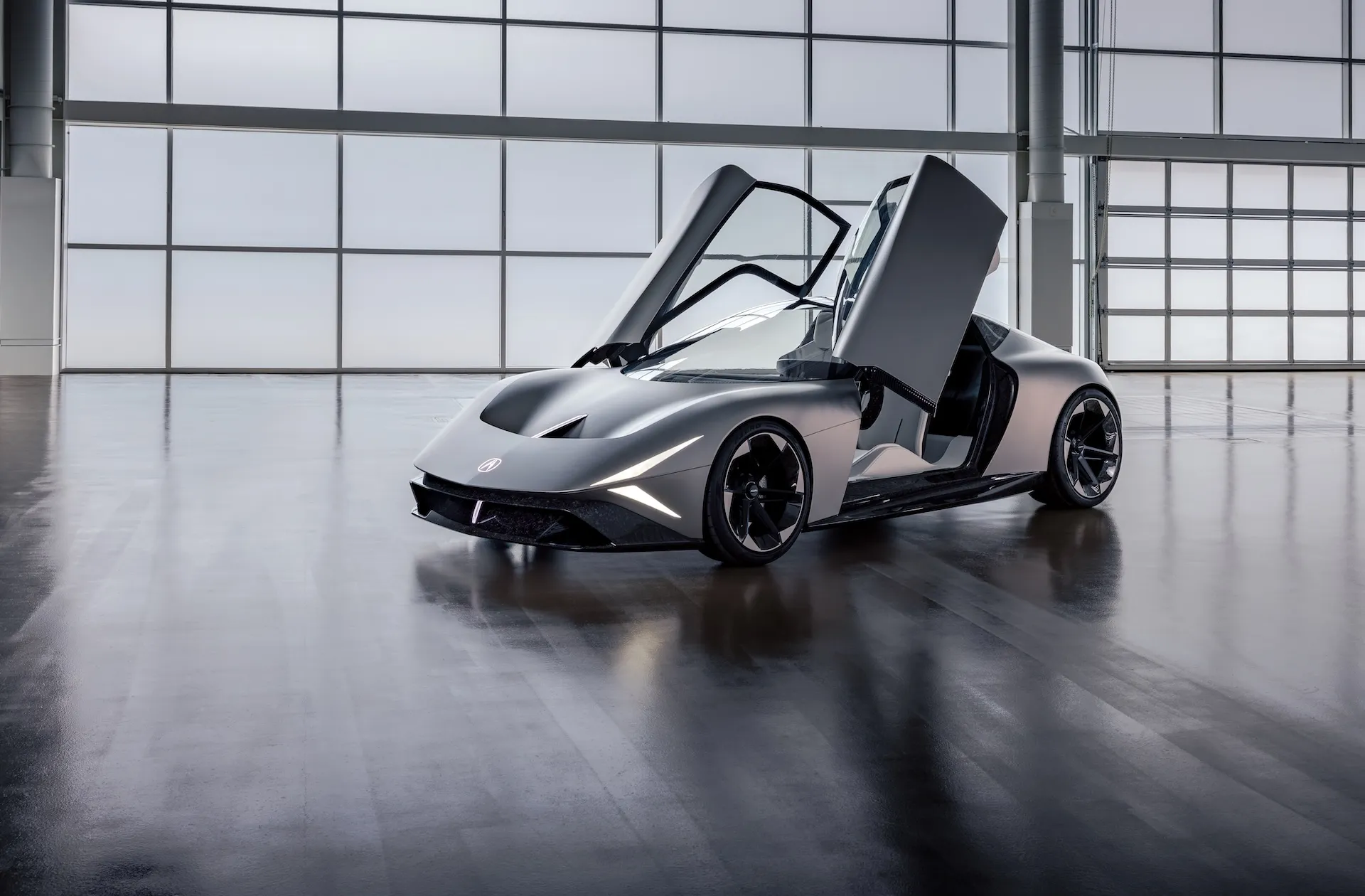 Acura NEXERA Vision concept coupe in Matte Titanium with dual-hinge butterfly doors open.