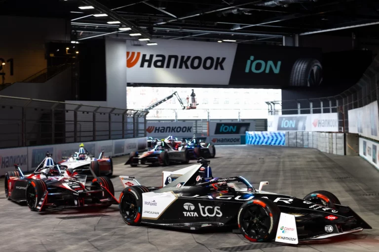 Formula E GEN3 Evo car on Hankook iON Race tires during the London E-Prix indoor-outdoor circuit