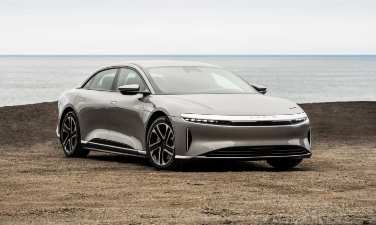 Lucid Air electric sedan parked outdoors, subject of NHTSA recall 26V540 over an exterior lighting circuit fire risk