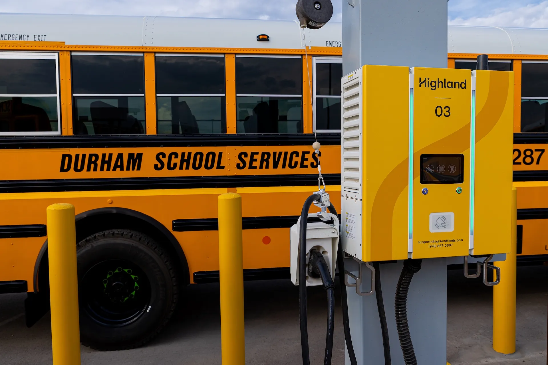 Boise School District electric school buses lined up at the district transportation facility ahead of the 2026-27 school year launch.