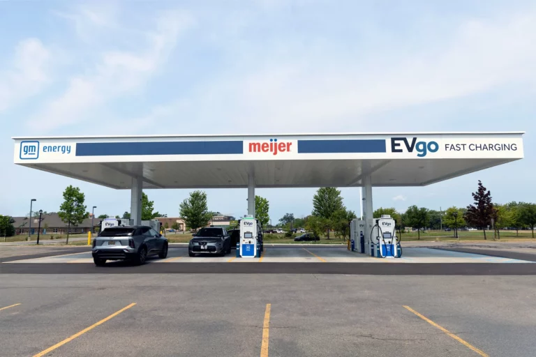 EVgo flagship charging station with overhead canopy and pull-through fast charging stalls at the Meijer store in Warren, Michigan