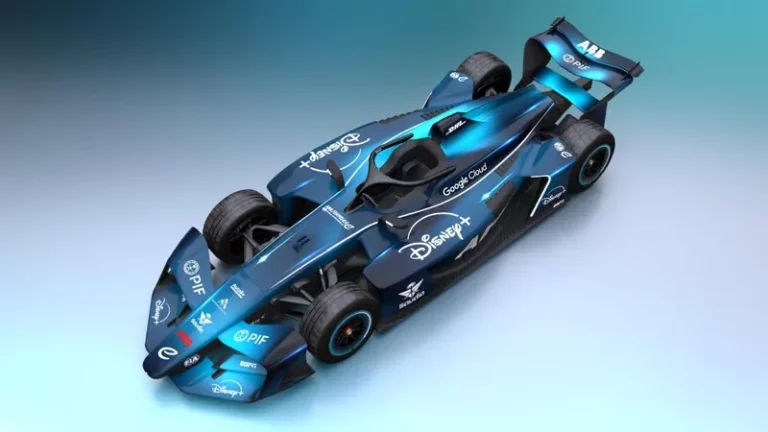 Formula E GEN4 electric race car on track ahead of the 2026/27 season, the first under the Disney+ global streaming agreement