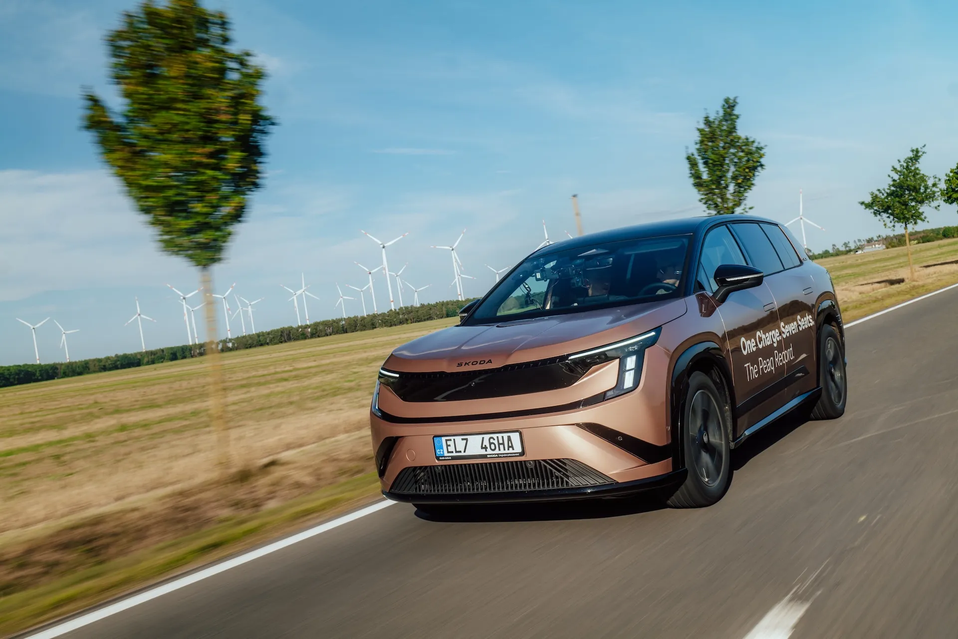 Škoda Peaq 90 electric seven-seater SUV parked at the coast after its 936 km range record drive