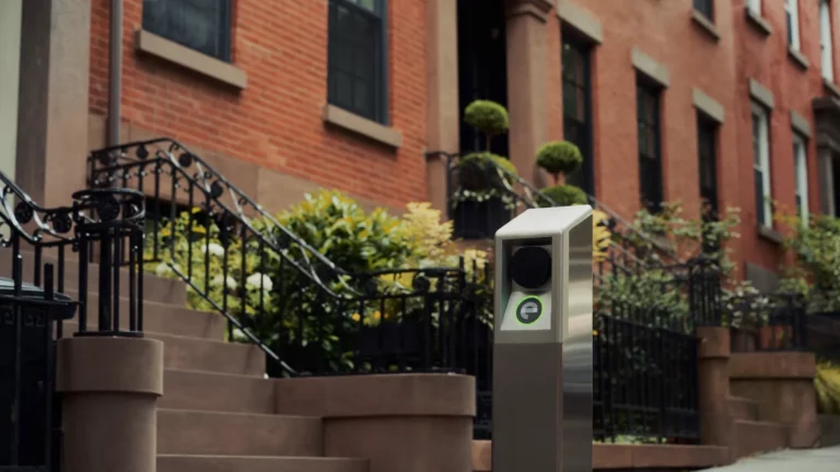 it's electric curbside EV charger installed on a New York City street as part of the PlugNYC curbside EV charging network