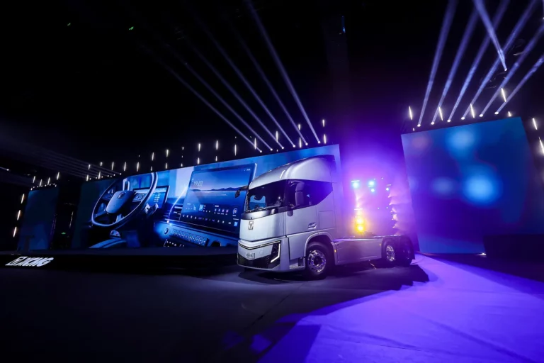 The XCMG Hanjing new energy heavy truck on stage at its launch event in Xuzhou, China.