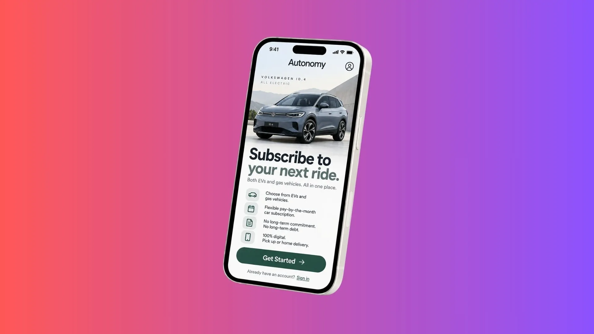 Autonomy app displaying Volkswagen ID.4 subscription availability