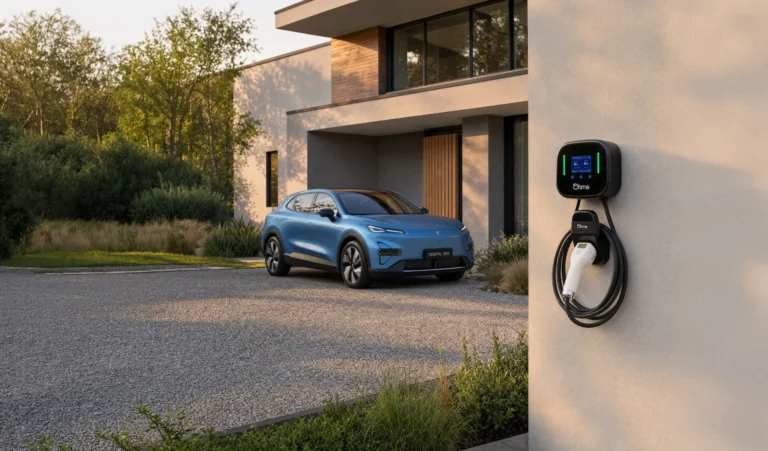 Blue Changan Deepal S05 electric SUV parked in a driveway beside a wall-mounted Ohme home EV charger
