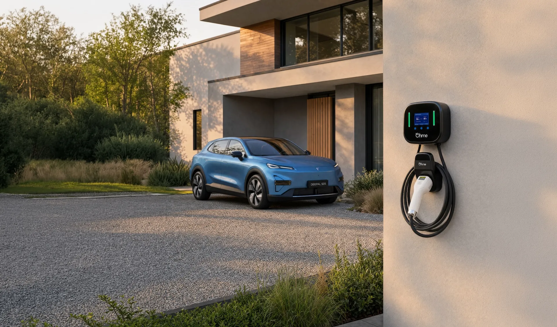 Blue Changan Deepal S05 electric SUV parked in a driveway beside a wall-mounted Ohme home EV charger