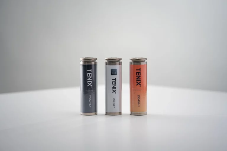 Three 21700 lithium-ion battery cells labeled TENIX, the Ten-Nine Technologies cathode additive validated across multiple cathode chemistries