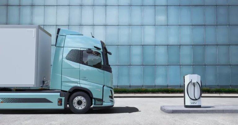 Volvo Trucks electric truck at a VEV charging installation, part of VEV's new role as a Volvo Trucks charging partner in the UK and Ireland