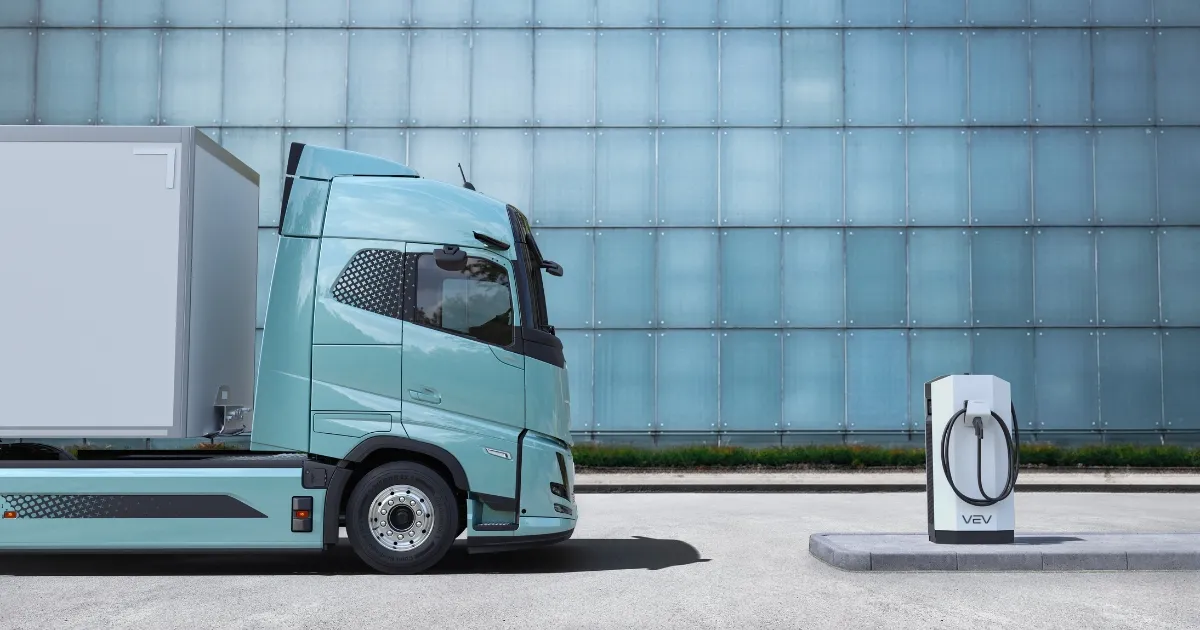 Volvo Trucks electric truck at a VEV charging installation, part of VEV's new role as a Volvo Trucks charging partner in the UK and Ireland