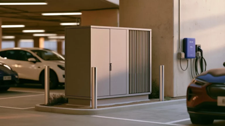 Rendering of a Xeal Laitent Pod installed in a parking space beside a Xeal Level 2 EV charger.