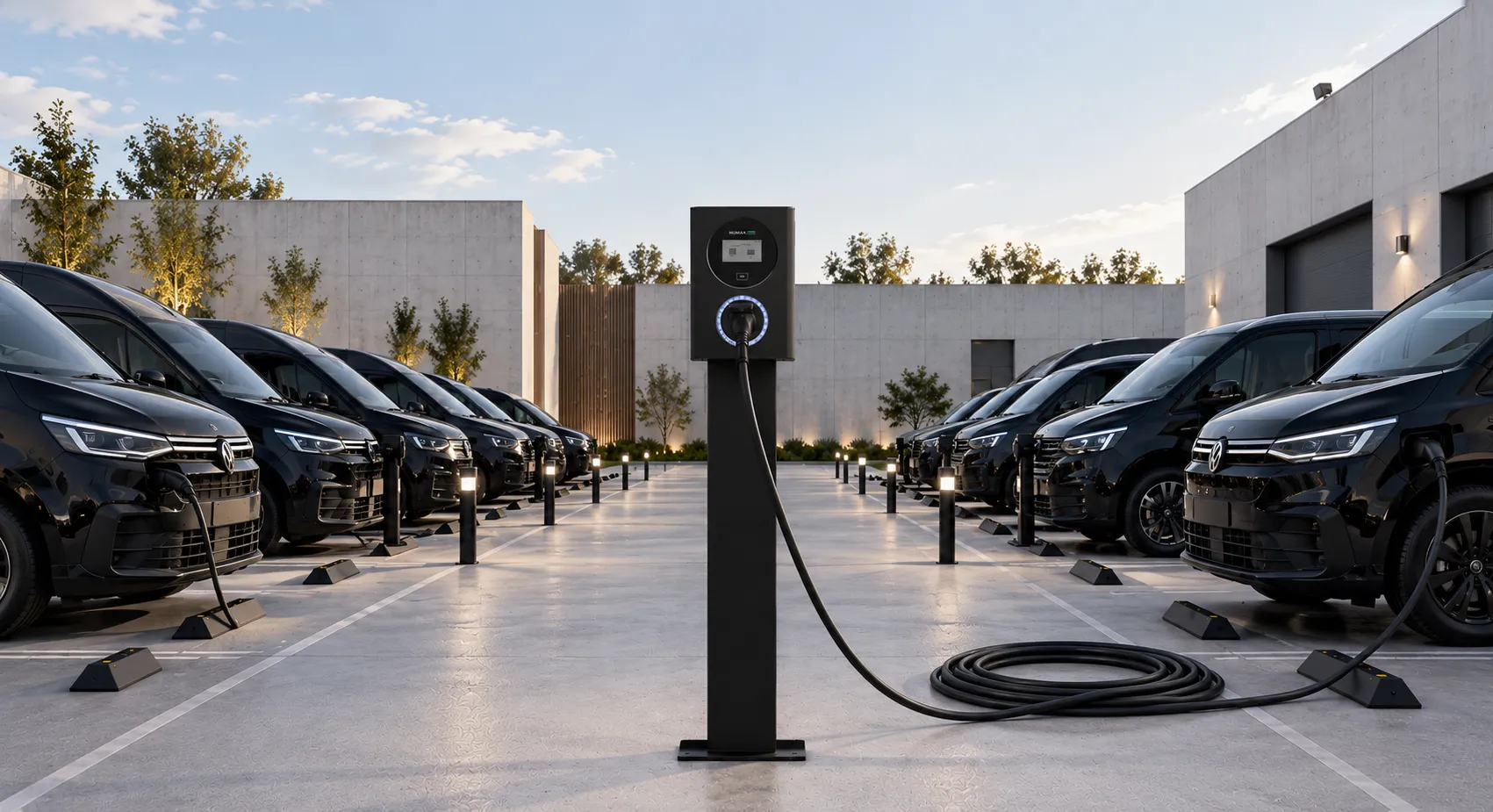 Humax MX PRO 22kW commercial EV charger on a pole mount, charging an electric delivery van in a fleet depot lined with vans.