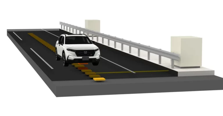 Diagram of Honda, Taisei, and Taisei Rotec roles in the in-motion wireless charging road system