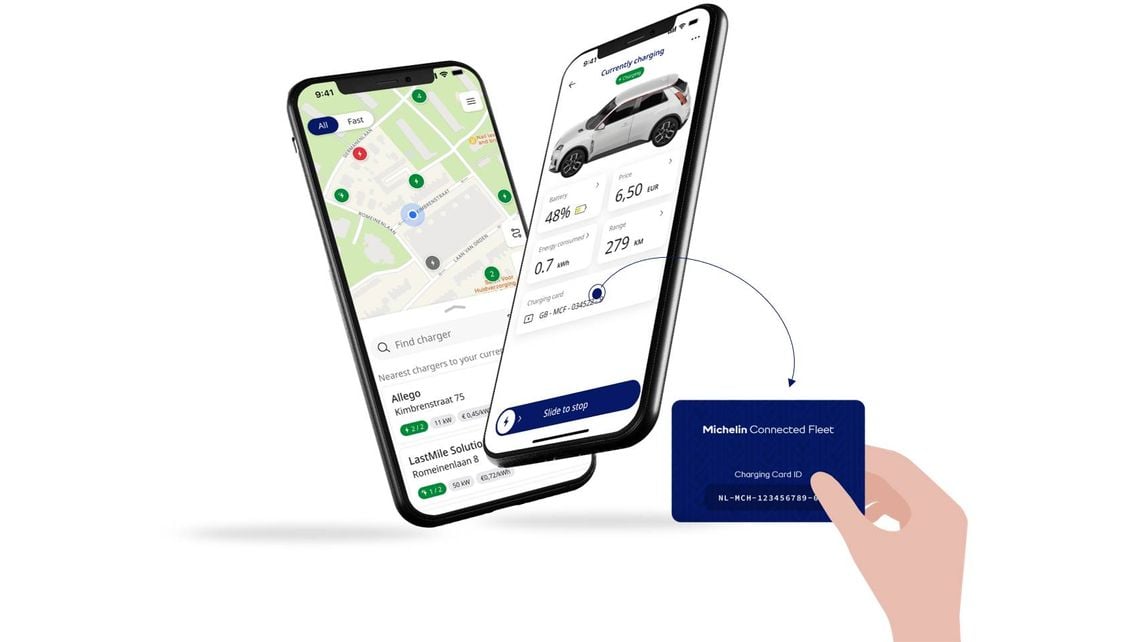 Michelin EV Charge app screens showing a charger map and live charging session beside a Michelin Connected Fleet charging card